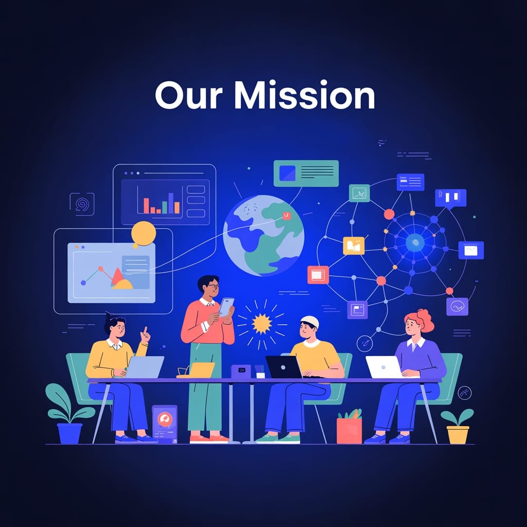 Four people sit around a table with laptops, collaborating in front of a digital backdrop showing the Earth, connected nodes, and data charts. The heading reads "Our Mission."