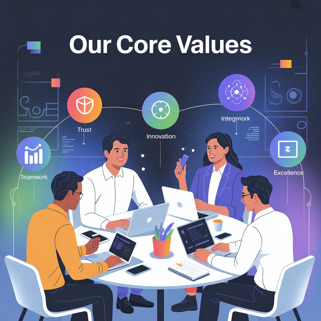 A diverse team works together at a round table with laptops. Icons above them represent values: Trust, Innovation, Integrity, Teamwork, and Excellence. The heading reads "Our Core Values."