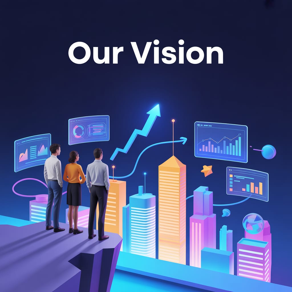Three professionals stand on a cliff, overlooking a futuristic city with glowing skyscrapers and floating data charts. A rising arrow symbolizes growth. The heading reads "Our Vision."